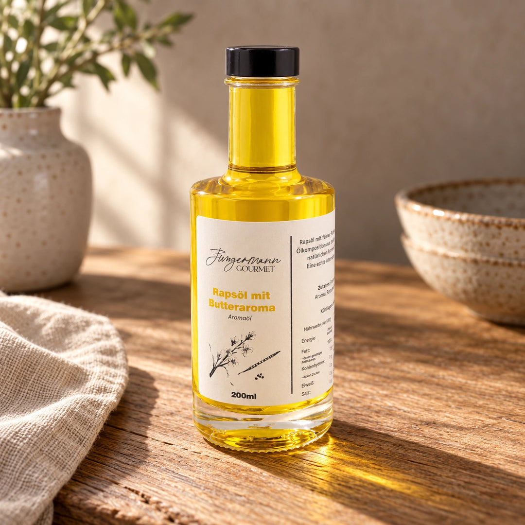Rapsöl mit Butteraroma in der originalen 200-ml-Flasche auf einer warm beleuchteten Holzfläche.