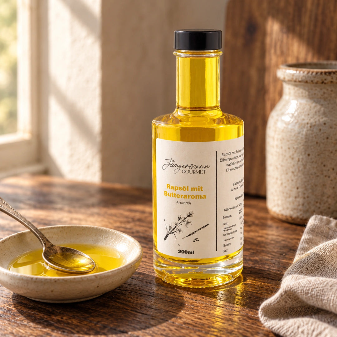 Goldgelbes Rapsöl mit Butteraroma in einer flachen Keramikschale neben der Originalflasche.