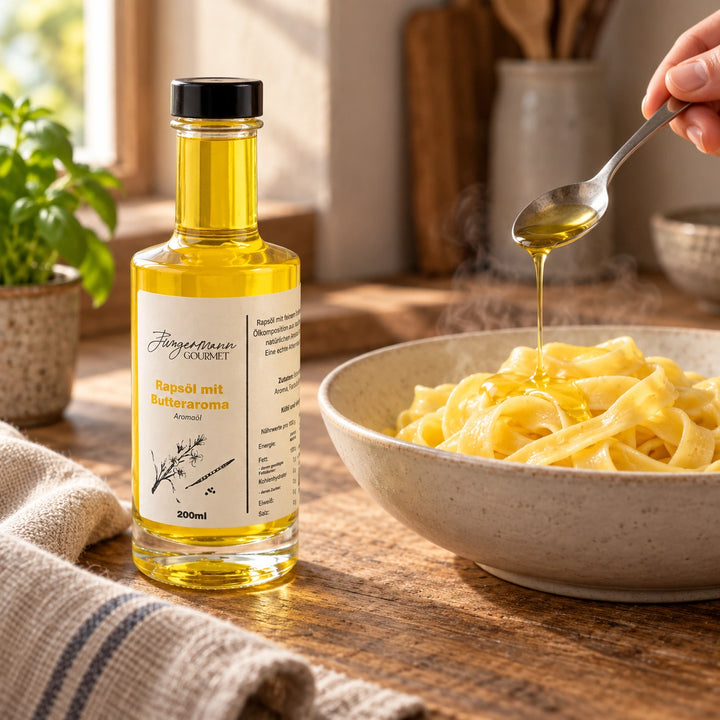 Eine Hand träufelt Rapsöl mit Butteraroma über Bandnudeln; die Originalflasche steht daneben. Serviervorschlag.