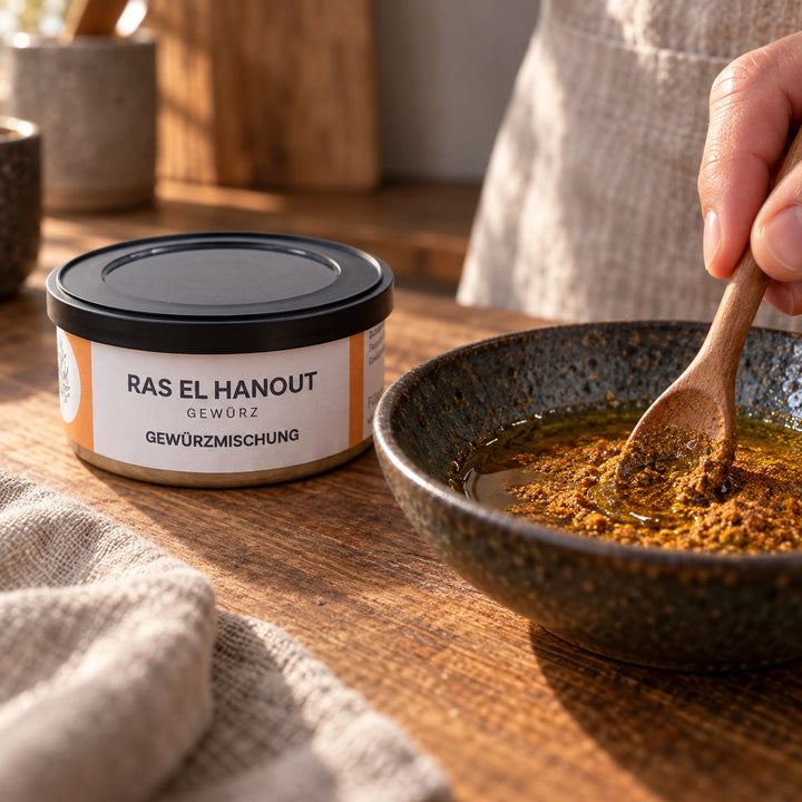 Ras el Hanout wird in einer kleinen Schale mit Öl verrührt; daneben steht die Originaldose. Zubereitungsvorschlag.