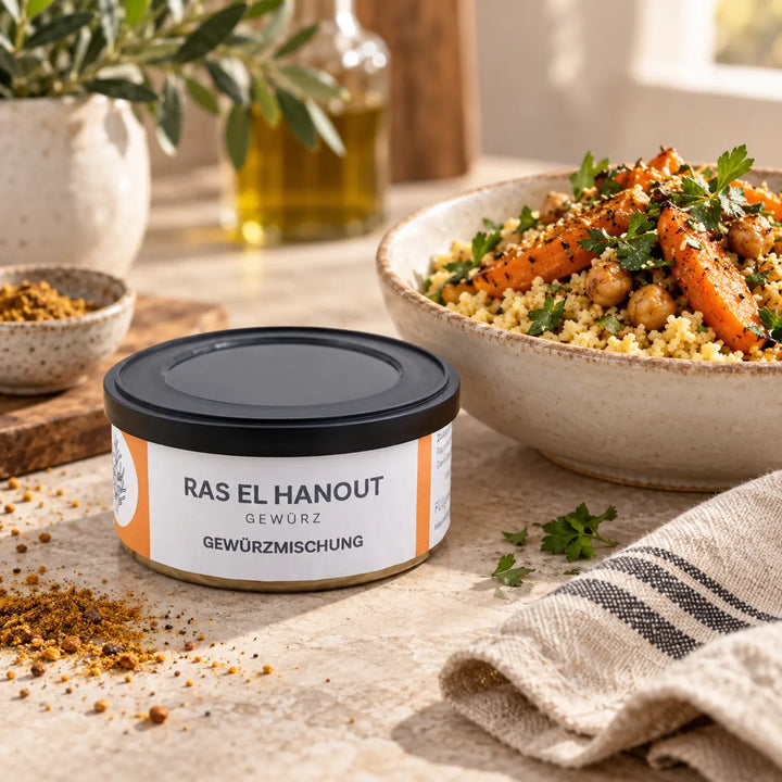 Ras el Hanout von Jungermann Gourmet in der Originaldose neben Couscous und Gemüse, Anwendungsvorschlag.