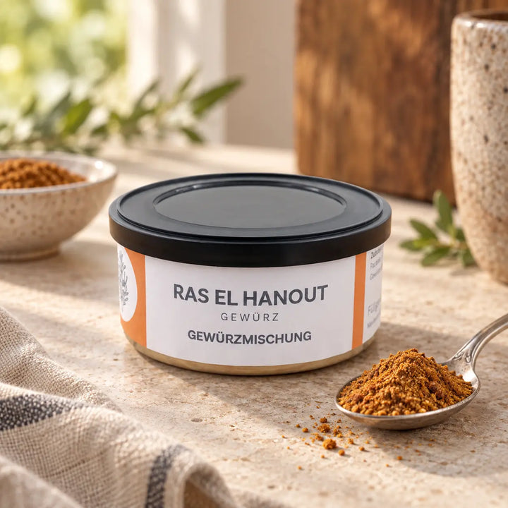 Ras el Hanout von Jungermann Gourmet als Detailansicht mit einer kleinen Gewürzportion neben der Originaldose.