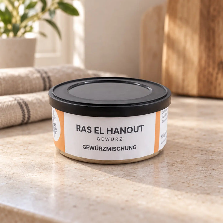 Ras el Hanout von Jungermann Gourmet in der Originaldose auf einer Küchenarbeitsplatte.