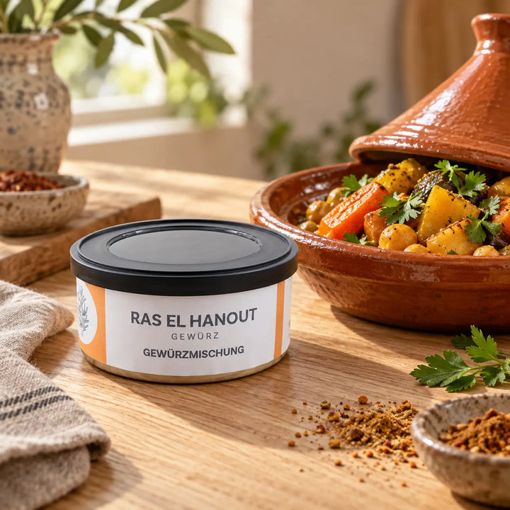 Ras el Hanout von Jungermann Gourmet in der Originaldose neben einem orientalischen Schmorgericht, Serviervorschlag.
