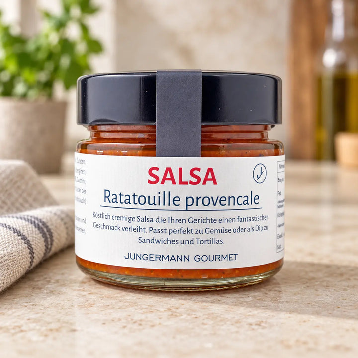Ratatouille Salsa von Jungermann Gourmet im Originalglas mit schwarzem Deckel auf einer hellen Küchenarbeitsfläche.