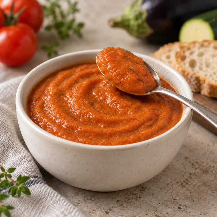 Cremige orange-rote Ratatouille Salsa in einer Keramikschale mit Löffel, Brot und Gemüse im Hintergrund.