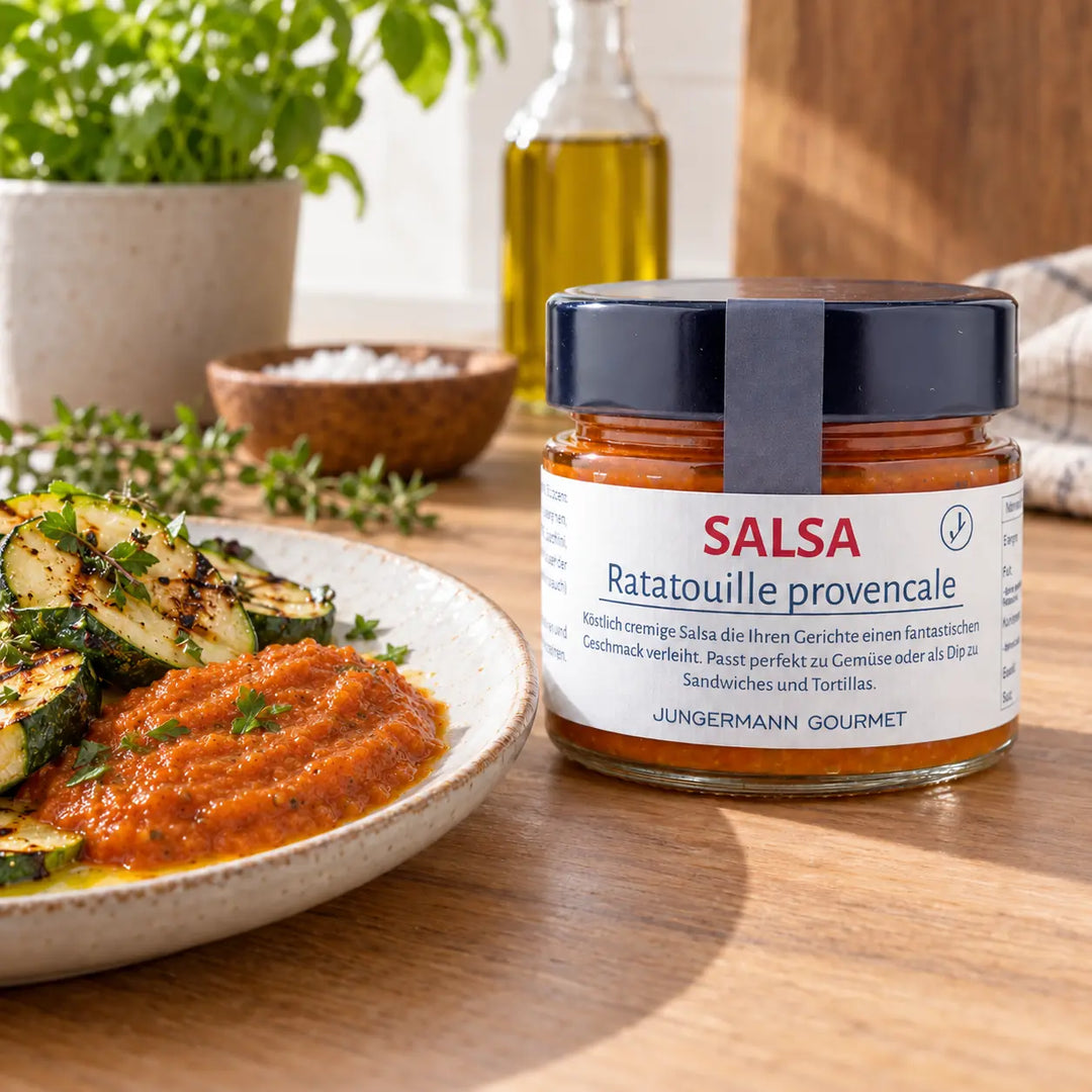 Ratatouille Salsa im Originalglas neben gegrillten Zucchini mit Salsa als Serviervorschlag.