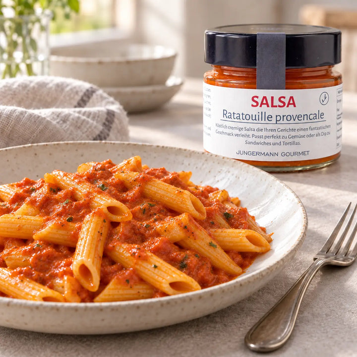 Penne mit Ratatouille Salsa auf einem Keramikteller, dahinter das Originalglas von Jungermann Gourmet; Serviervorschlag.