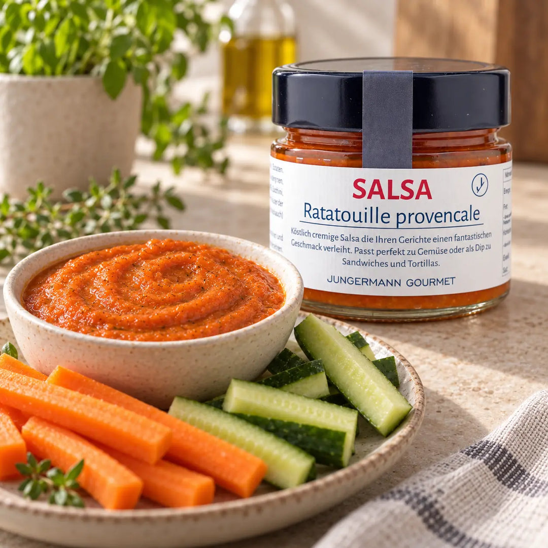 Ratatouille Salsa als cremiger Dip zu Gurken- und Karottensticks, dahinter das unveränderte Originalglas; Serviervorschlag.
