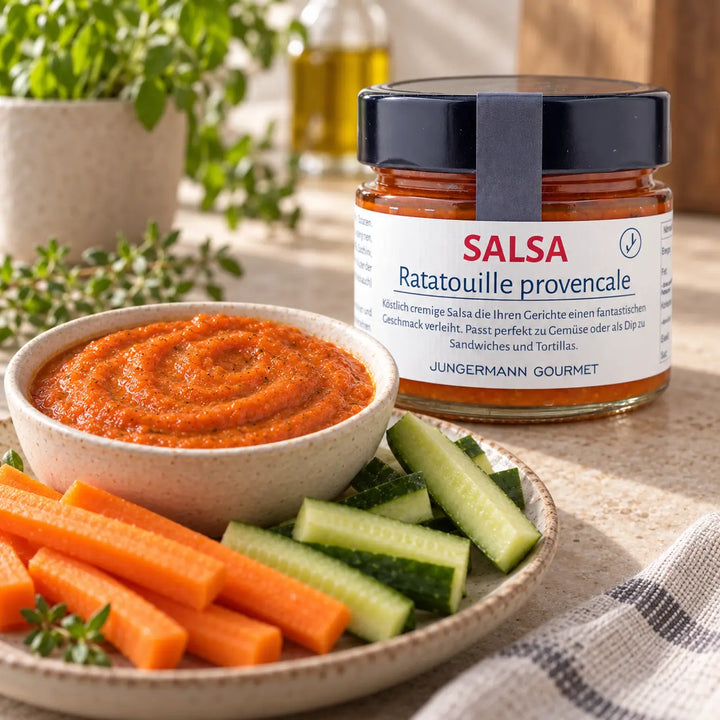 Ratatouille Salsa als cremiger Dip zu Gurken- und Karottensticks, dahinter das unveränderte Originalglas; Serviervorschlag.