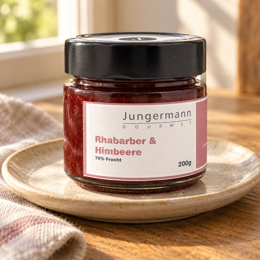 Rhabarber-Himbeer-Aufstrich im Originalglas auf heller Keramik im Morgenlicht.