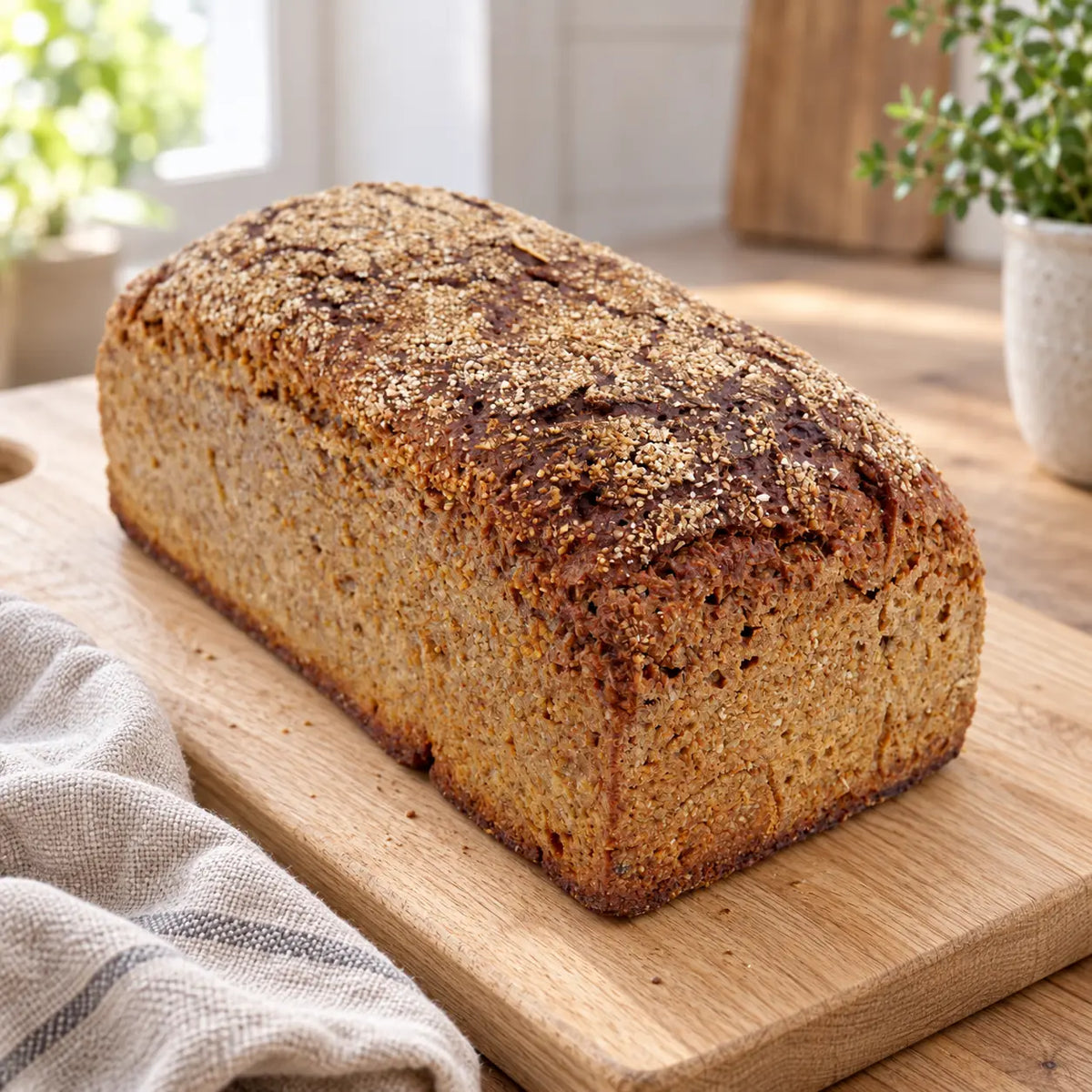 Roggen-Vollkorn-Brot 600 g als ganzer Kastenlaib auf einem Holzbrett in einer hellen Küche.
