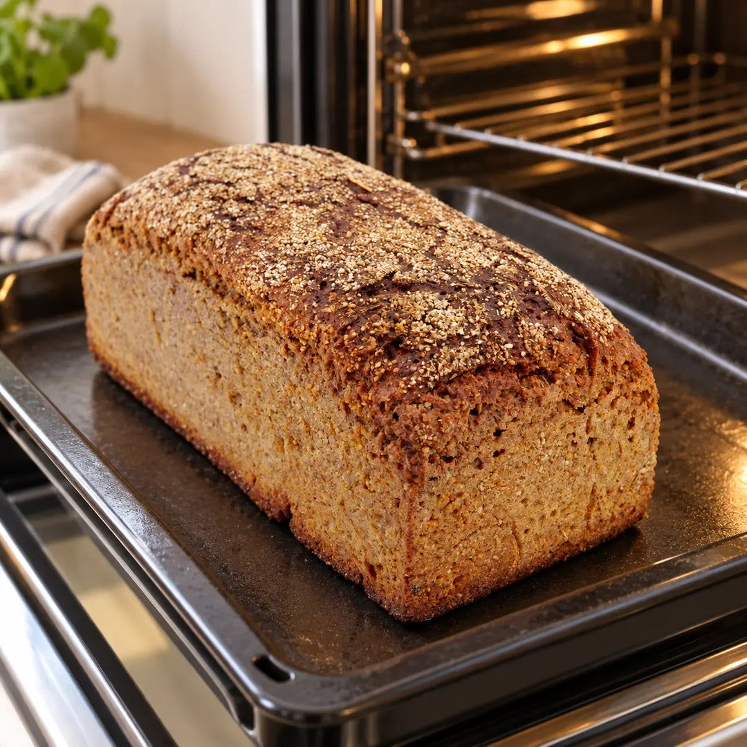 Roggen-Vollkorn-Brot auf einem Backblech am geöffneten Ofen als Beispiel für das Fertigbacken zu Hause.