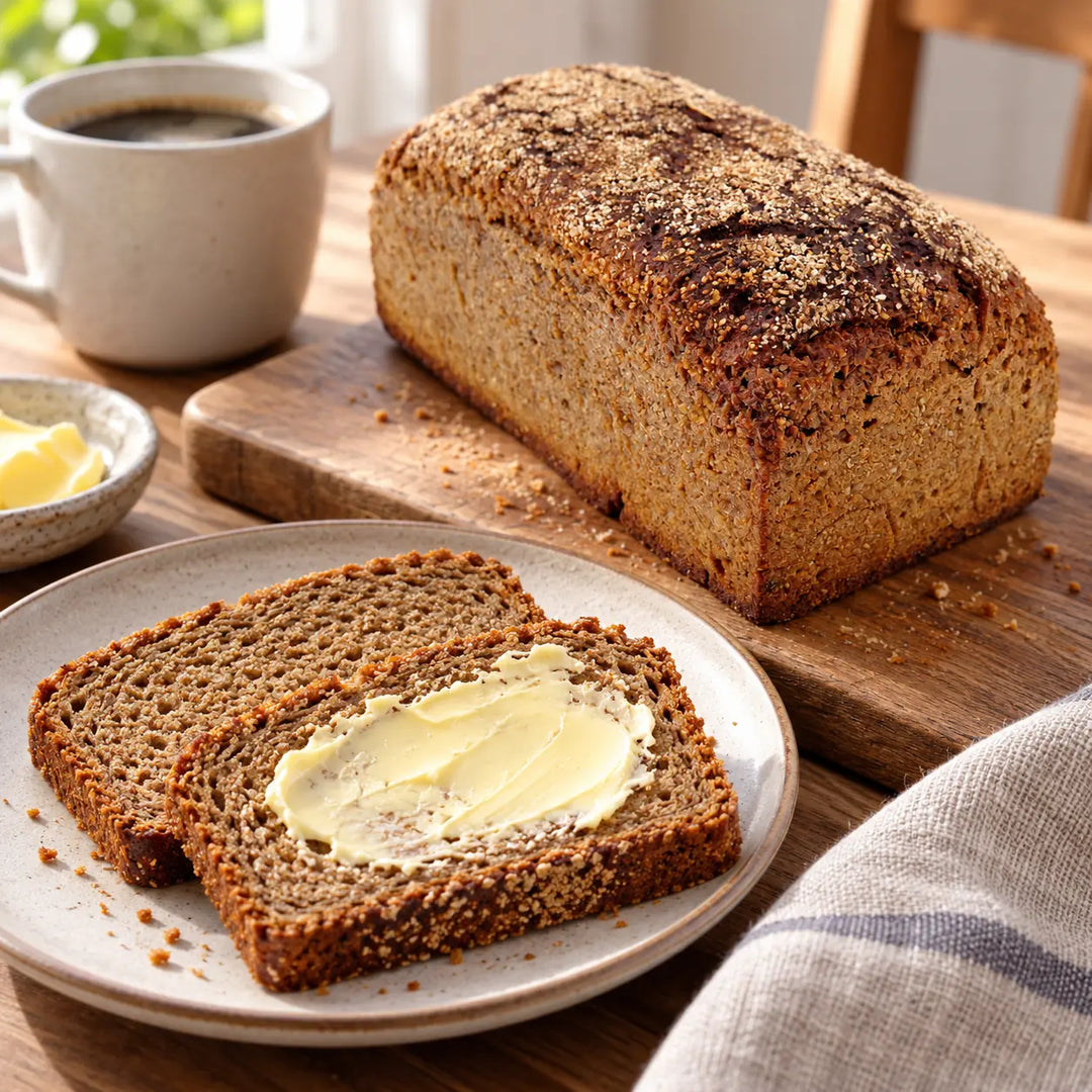 Scheiben vom Roggen-Vollkorn-Brot mit Butter auf einem Teller, daneben Brotlaib und Kaffee; Serviervorschlag.