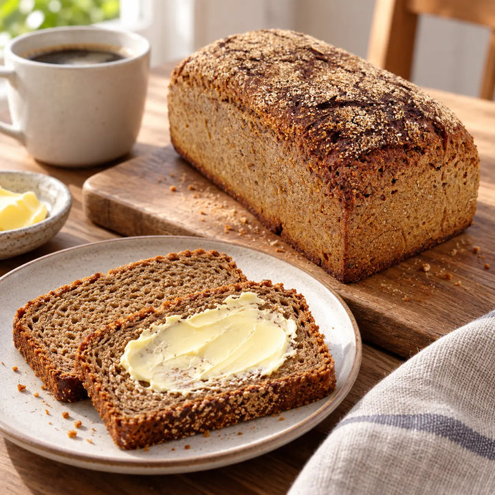 Scheiben vom Roggen-Vollkorn-Brot mit Butter auf einem Teller, daneben Brotlaib und Kaffee; Serviervorschlag.