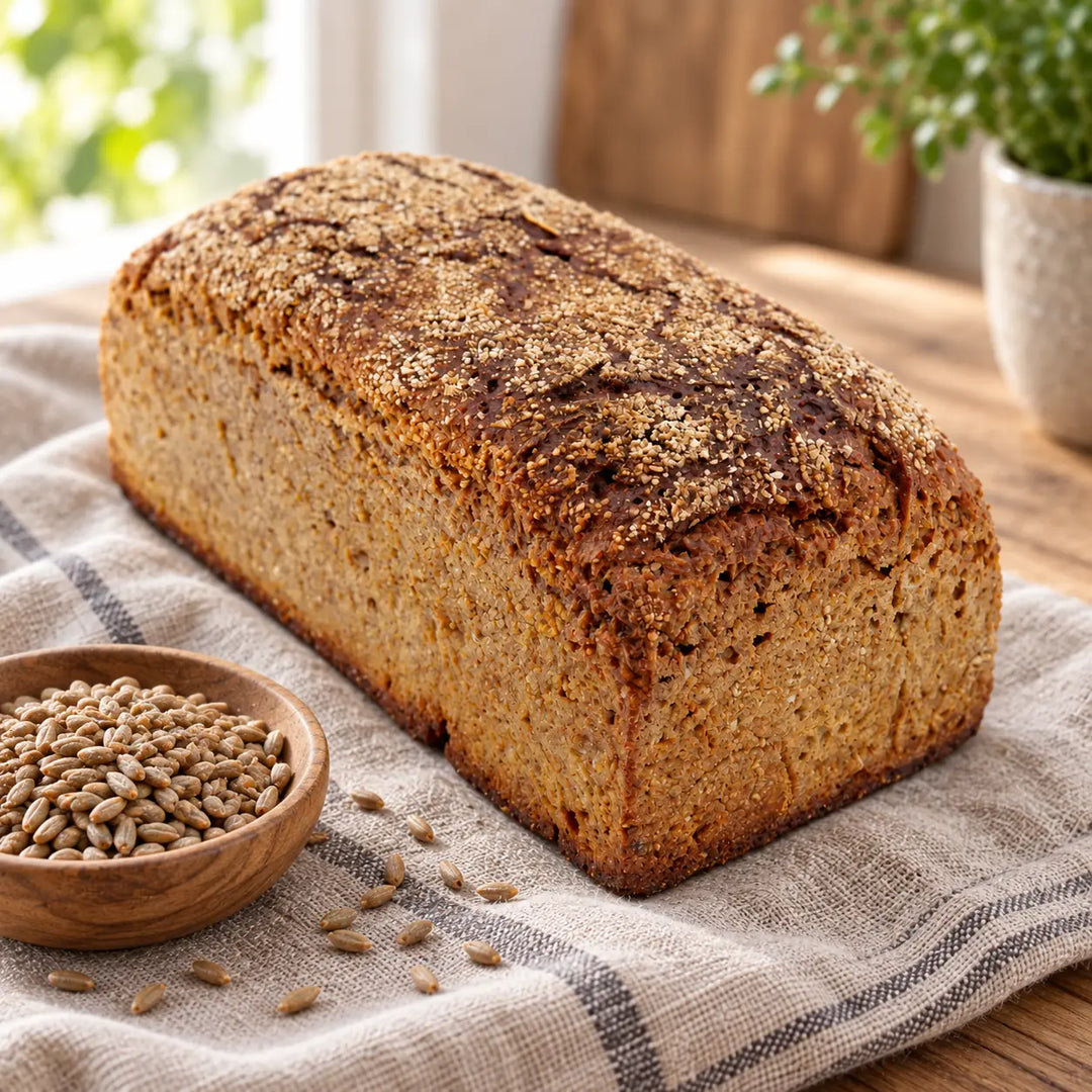Roggen-Vollkorn-Brot 600 g mit dunkler, schrotbestreuter Kruste neben einer kleinen Schale Roggenkörner auf Leinen.