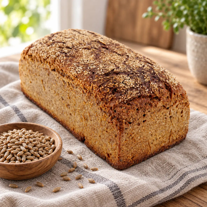 Roggen-Vollkorn-Brot 600 g mit dunkler, schrotbestreuter Kruste neben einer kleinen Schale Roggenkörner auf Leinen.