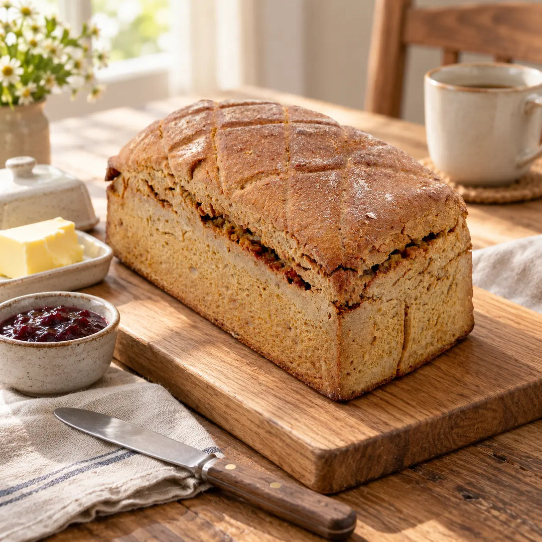 Roggenbrot 600 g als Frühstücks-Serviervorschlag mit separat angerichteter Butter und Fruchtaufstrich.