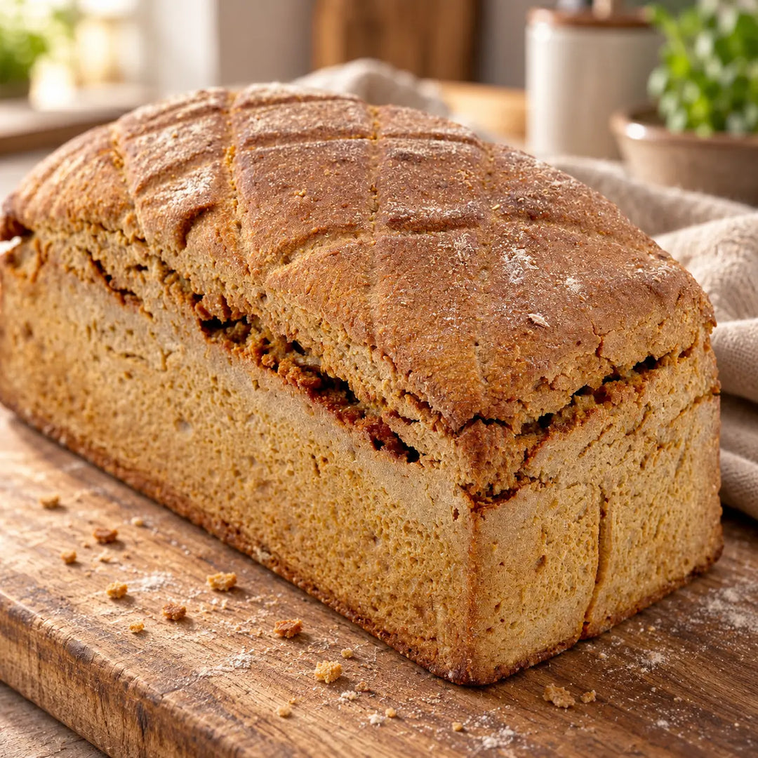 Nahaufnahme der braunen, leicht bemehlten Kruste des Roggenbrots 600 g von Jungermann Gourmet.