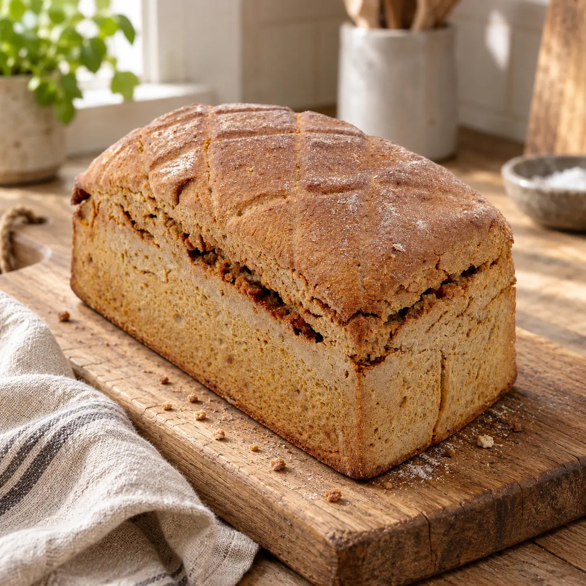 Roggenbrot 600 g von Jungermann Gourmet als Serviervorschlag auf einem Holzbrett in der Küche.
