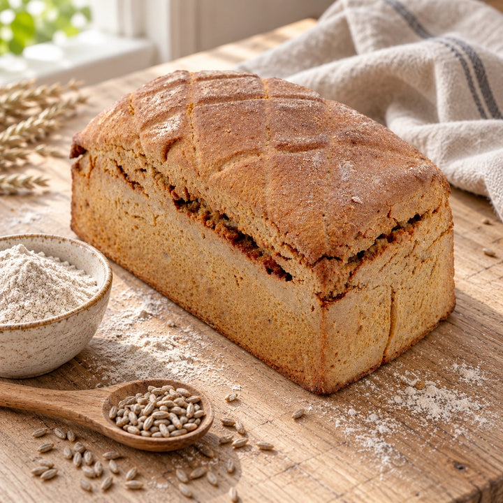 Roggenbrot 600 g neben Roggenmehl und Roggenkörnern auf einer bemehlten Holzarbeitsfläche.