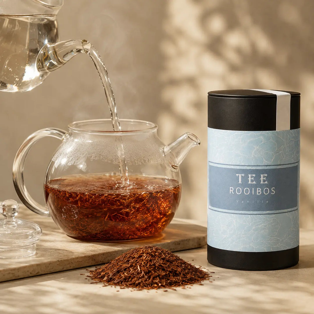 Rooibos Vanille Tee wird mit heißem Wasser in einer Glasteekanne aufgegossen
