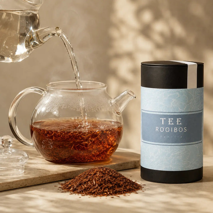 Rooibos Vanille Tee wird mit heißem Wasser in einer Glasteekanne aufgegossen