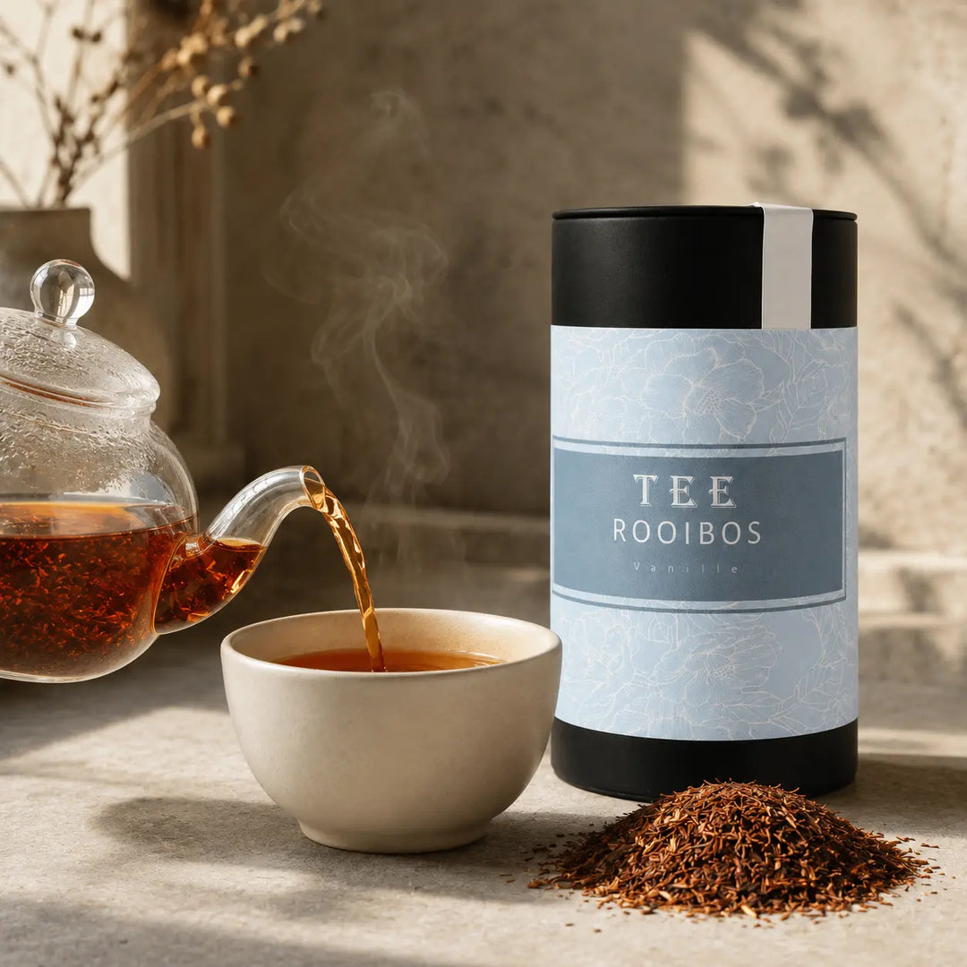 Bernsteinroter Rooibos Vanille Tee wird in eine Keramiktasse gegossen