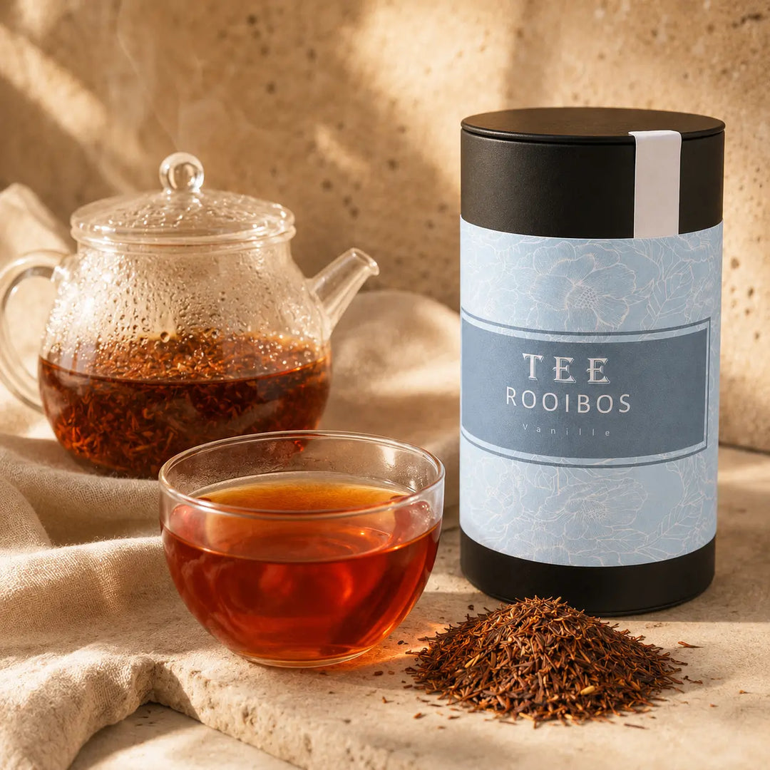Rooibos Vanille Tee mit dampfender Glastasse, Teekanne und losem Rooibos