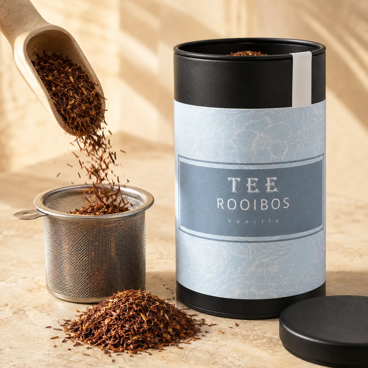 Loser Rooibos Vanille Tee fällt in ein Teesieb neben der Dose