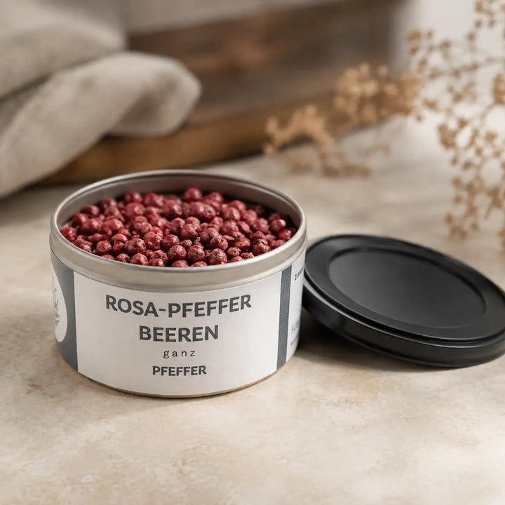 Geöffnete Originaldose mit ganzen rosa Pfefferbeeren und schwarzem Deckel daneben