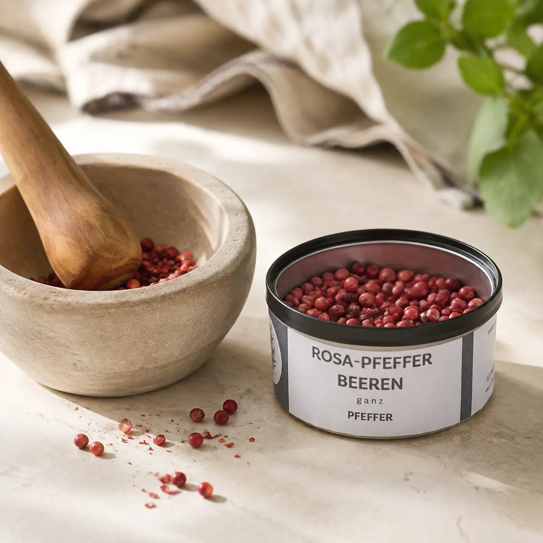 Rosa Pfefferbeeren werden neben der geöffneten Originaldose im Steinmörser angedrückt