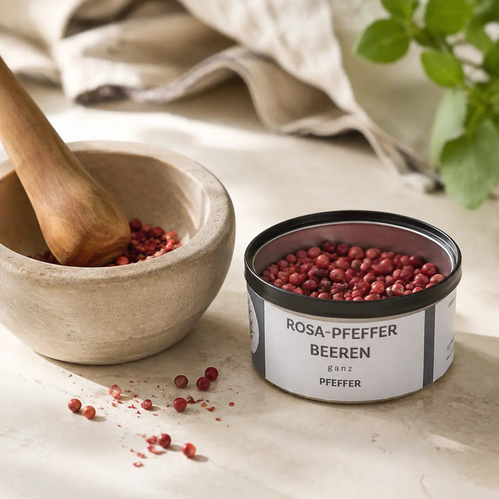 Rosa Pfefferbeeren werden neben der geöffneten Originaldose im Steinmörser angedrückt