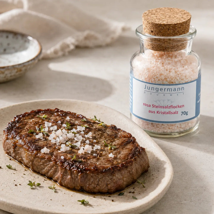 Gebratenes Steak mit rosa Steinsalzflocken als Finish und dem originalen Korkglas