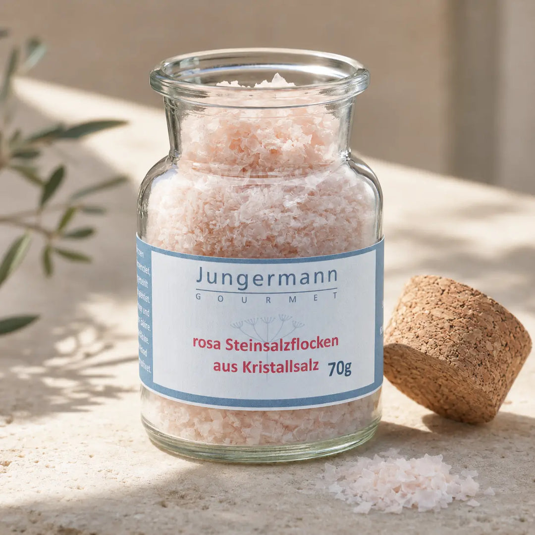 Geöffnetes Originalglas mit zarten rosa Steinsalzflocken und Naturkorken daneben
