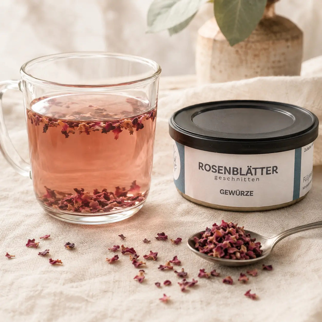 Geschnittene Rosenblätter ziehen als heller Rosentee neben der originalen Gewürzdose