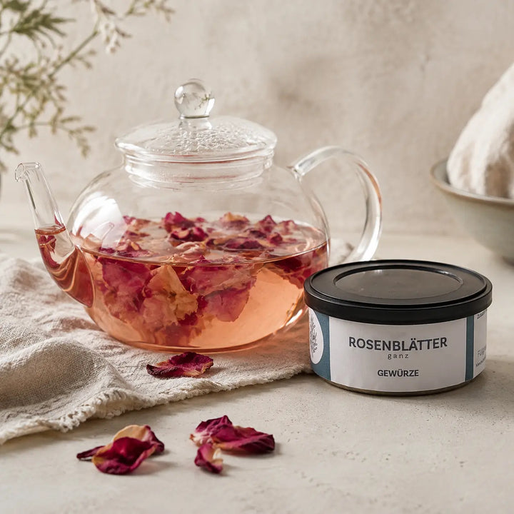 Ganze getrocknete Rosenblätter ziehen als heller Rosentee neben der originalen Gewürzdose