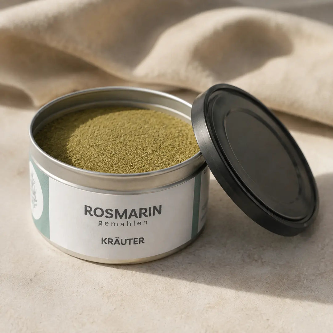 Geöffnete Originaldose mit fein gemahlenem olivgrünem Rosmarin