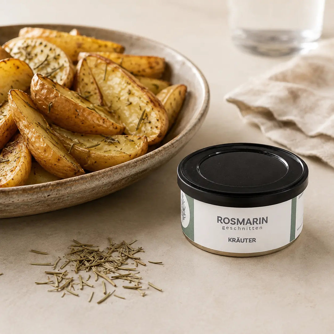 Ofenkartoffeln mit geschnittenem getrocknetem Rosmarin und der originalen Kräuterdose