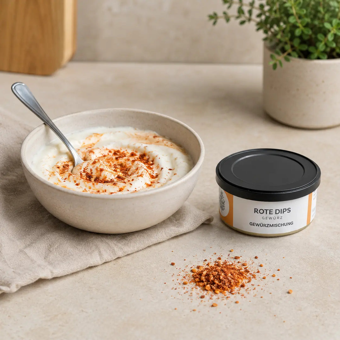 Rotes Dipgewürz wird neben der originalen Dose in cremigen Joghurt eingerührt