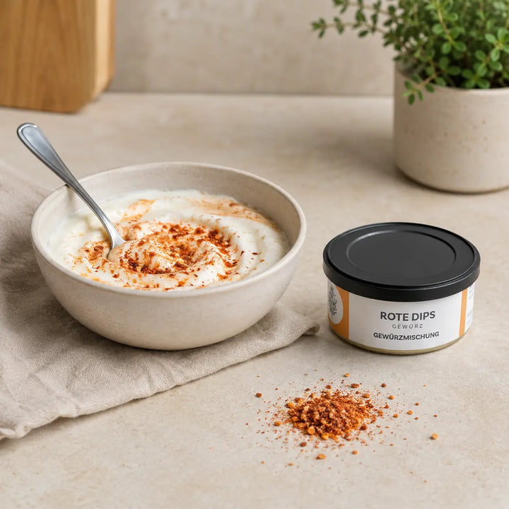 Rotes Dipgewürz wird neben der originalen Dose in cremigen Joghurt eingerührt