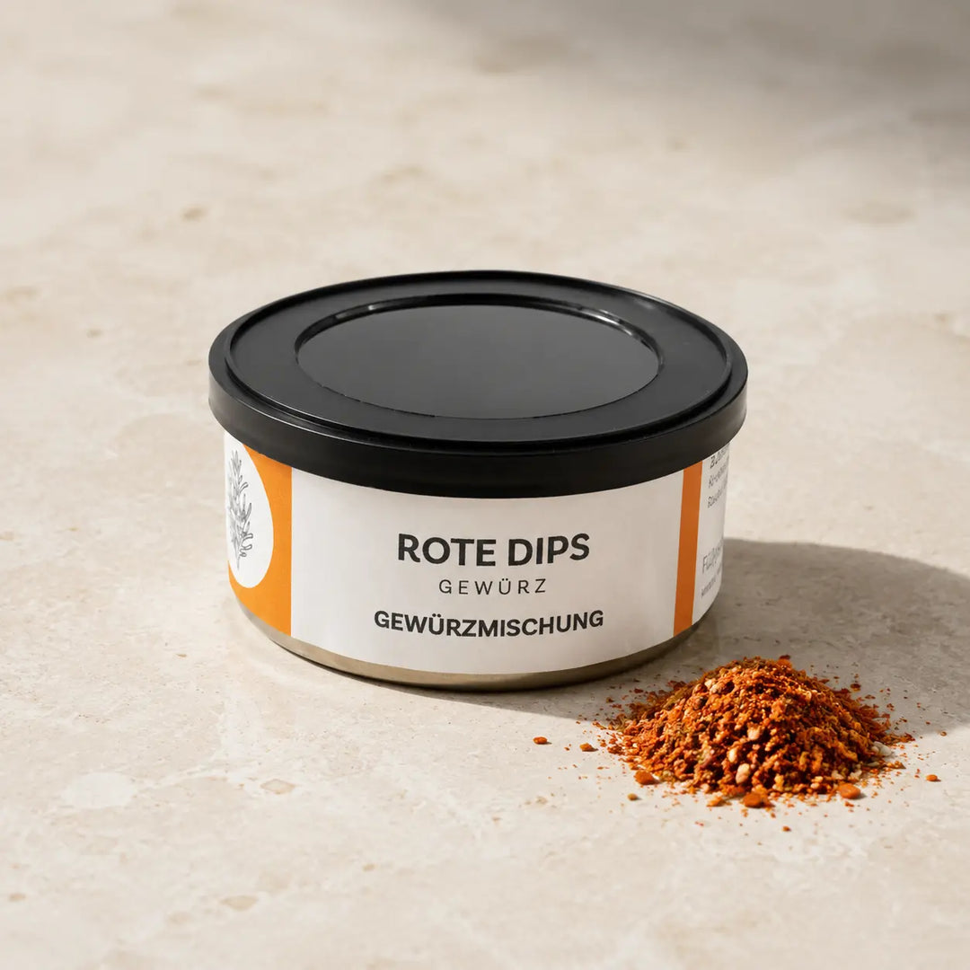 Rotes Dipgewürz in der originalen Gewürzdose als Premium-Packshot