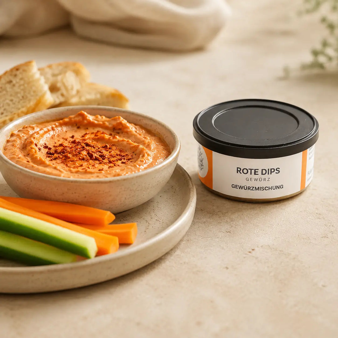 Cremiger roter Dip mit Gemüsesticks und der originalen Gewürzdose serviert