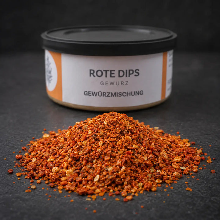 Rot-orange Dipgewürzmischung mit ihrer natürlichen groben Struktur im Detail