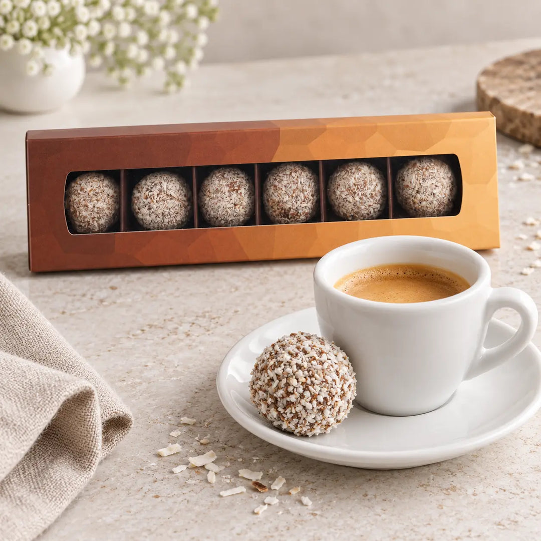 Rum-Cocos Trüffel auf einer Espressountertasse vor der originalen Box mit sechs Trüffeln