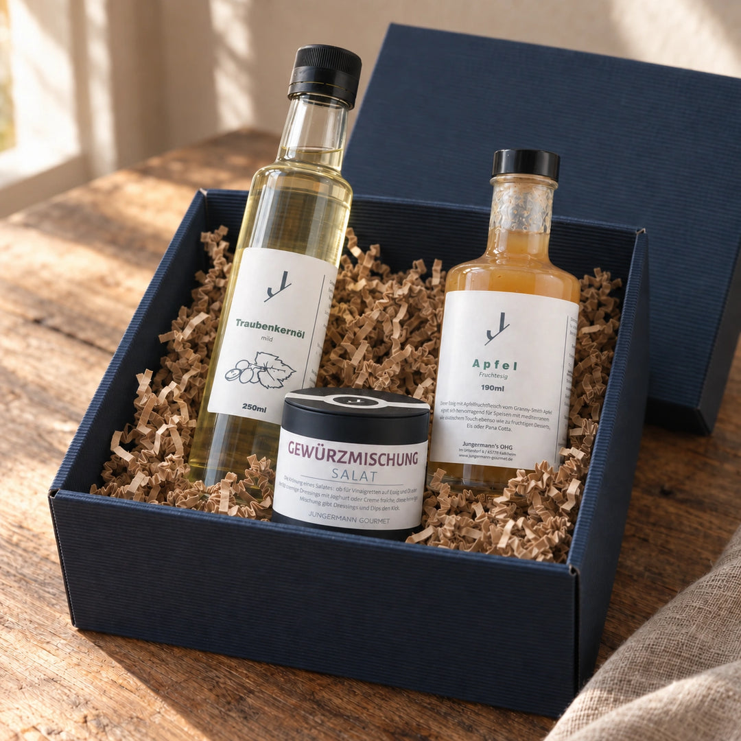 Salat Dressing Box mit Traubenkernöl, Apfel-Fruchtessig und Salatgewürz im geöffneten blauen Geschenkkarton.