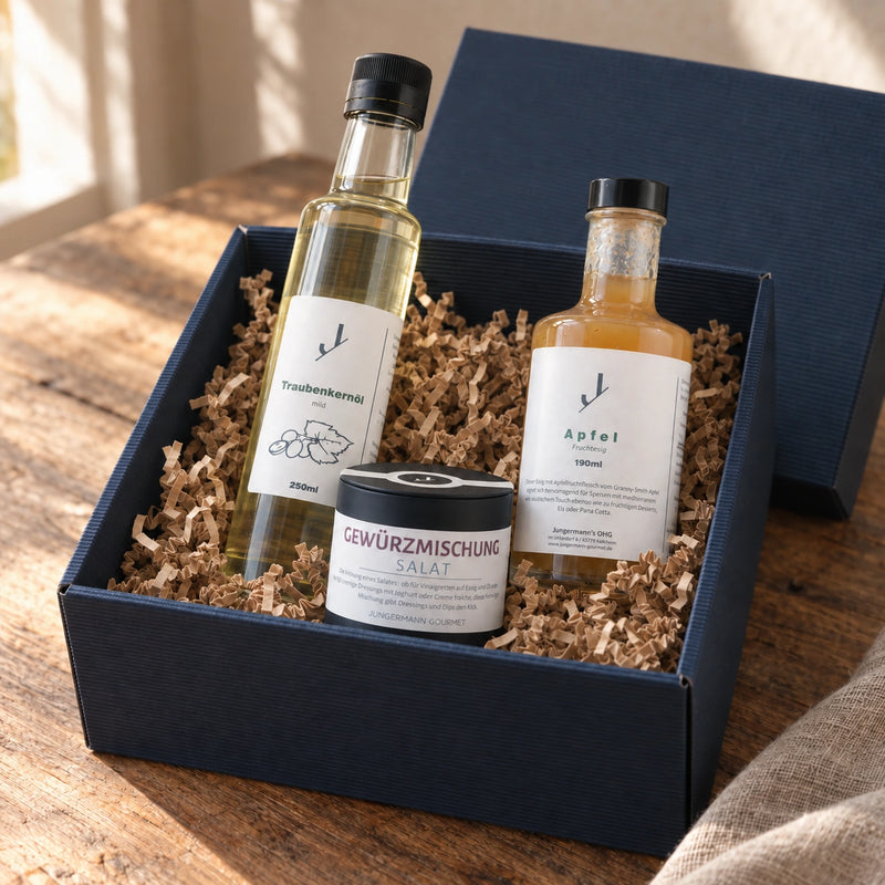 Salat Dressing Box mit Traubenkernöl, Apfel-Fruchtessig und Salatgewürz im geöffneten blauen Geschenkkarton.