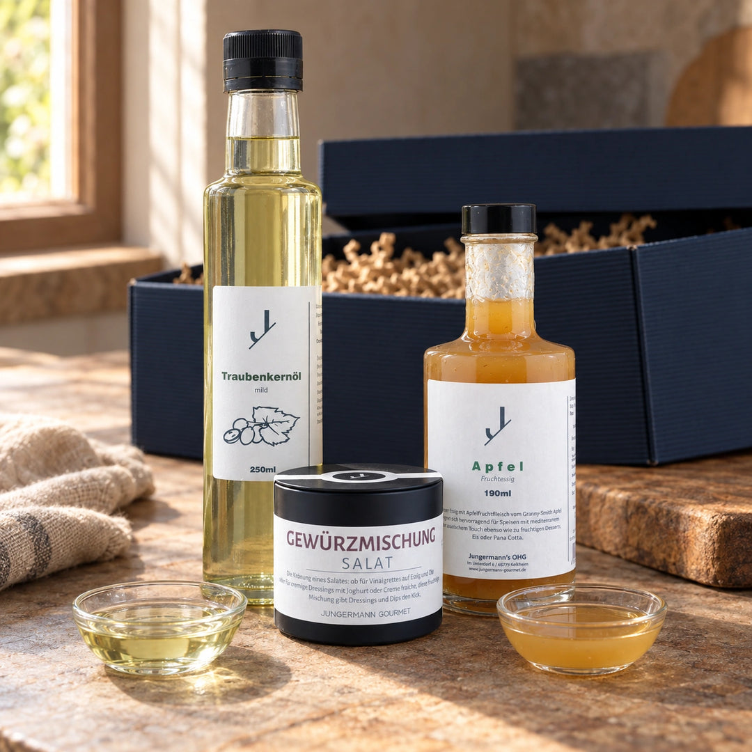 Die drei Produkte der Salat Dressing Box mit Traubenkernöl und trübem Apfel-Fruchtessig in kleinen Glasschalen.