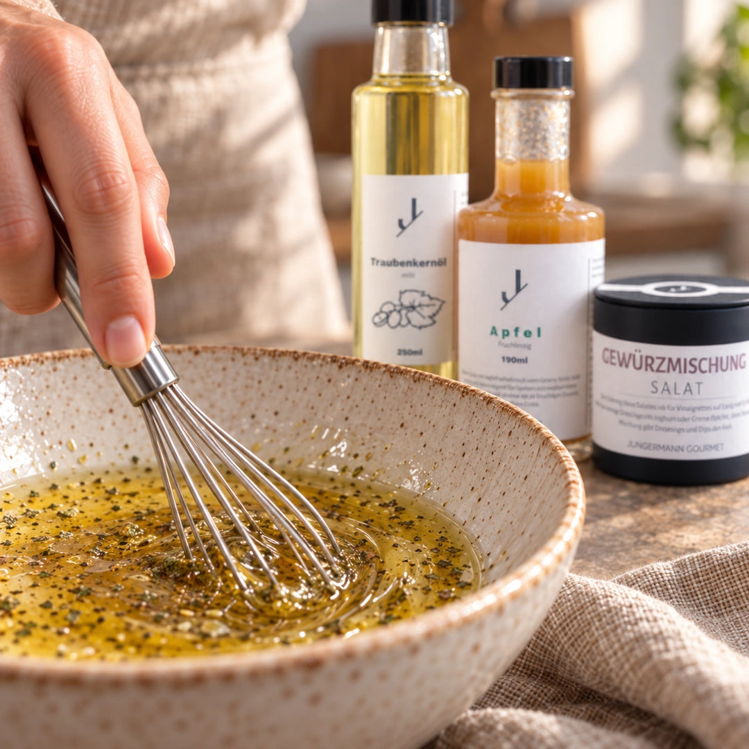 Serviervorschlag: Eine Hand rührt ein Dressing in einer Keramikschale; die drei Produkte der Salat-Dressing-Box stehen im Hintergrund.