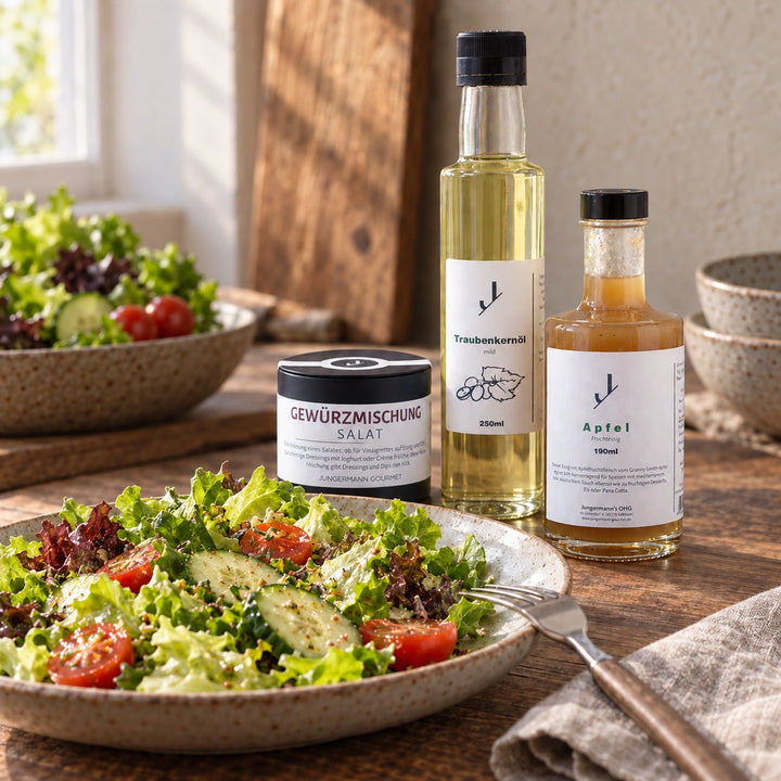 Serviervorschlag: Angemachter Blattsalat mit Gurke und Tomaten neben den drei Produkten der Salat Dressing Box.